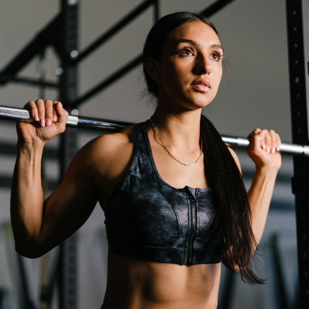 Grey Stonewashed Front Zipper Strappy Bra